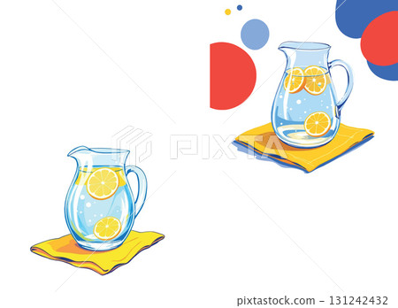 Vsai refreshing lemonade in glass pitcher on yellow napkin Vsai refreshing lemonade in glass pitcher on yellow napkin 131242432