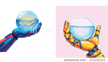 Vsai robotic hands holding glass spheres with water and sand representing environmental conservation Vsai robotic hands holding glass spheres with water and sand representing environmental conservation 131242433