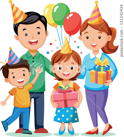 Happy family celebrating birthday party with gifts and balloons Happy family celebrating birthday party with gifts and balloons 131242434