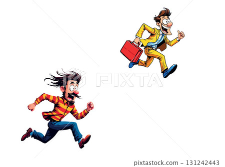 Vsai two cartoon men running in different directions, one carrying briefcase 131242443