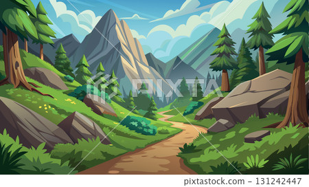 Winding mountain path through lush green valley Winding mountain path through lush green valley 131242447