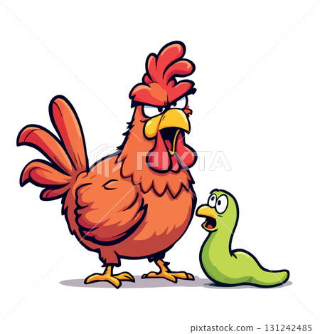 Vsai angry cartoon rooster yelling at a green worm Vsai angry cartoon rooster yelling at a green worm 131242485