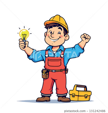 Vsai electrician holding light bulb having an idea with toolbox Vsai electrician holding light bulb having an idea with toolbox 131242486