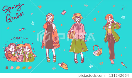 Simple and cute hand-drawn illustrations of girls in spring outfits Simple and cute hand-drawn illustrations of girls in spring outfits 131242664