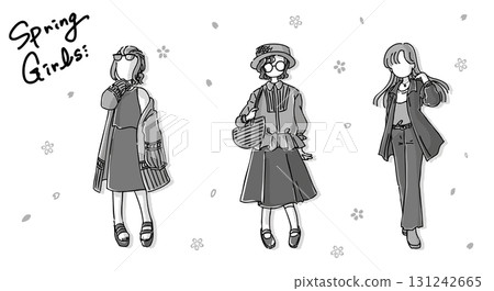 Simple and cute hand-drawn illustrations of girls in spring outfits, monochrome 131242665