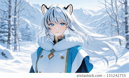 一位有著銀色頭髮和藍色眼睛的女孩站在雪原上，她的虎耳在風中飄動。 131242755