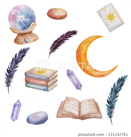 Watercolor magic set with moon, crystals, feathers, tarot card, crystal ball, spell books, and stones. Mystical boho illustration on white background. Perfect for witchcraft and fantasy design Watercolor magic set with moon, crystals, feathers, tarot card, crystal ball, spell books, and stones. Mystical boho illustration on white background. Perfect for witchcraft and fantasy design 131242761