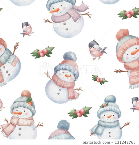 Seamless watercolor pattern with smiling snowmen in pastel color hats and scarves, carrot noses, bullfinches, poinsettia flowers, and green leaves. Christmas and New Year concept on white background 131242763