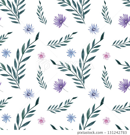 Seamless watercolor floral pattern with green leaves and delicate flowers in purple, blue, and pink shades on white background. Elegant botanical design for textiles and decor Seamless watercolor floral pattern with green leaves and delicate flowers in purple, blue, and pink shades on white background. Elegant botanical design for textiles and decor 131242783