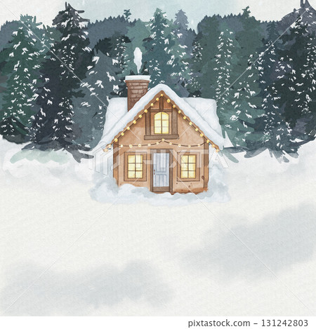 Watercolor postcard template with space for text, snowy forest background, cozy wooden house with illuminated windows and smoke from chimney. Winter and Christmas holiday concept 131242803