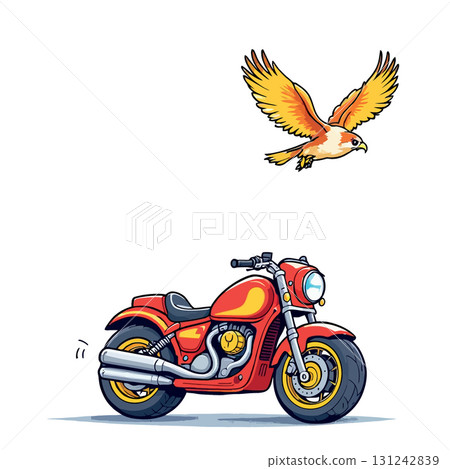 Vsai red motorcycle and flying hawk illustration, freedom and adventure concept 131242839