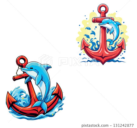 Vsai playful dolphin playing with red anchor in ocean waves Vsai playful dolphin playing with red anchor in ocean waves 131242877