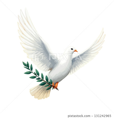 Vsai white dove flying and holding olive branch, symbol of peace and hope 131242965