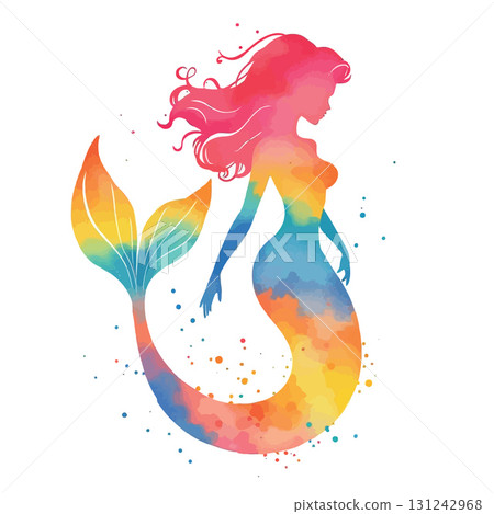 Vsai colorful mermaid silhouette swimming underwater with long hair flowing 131242968