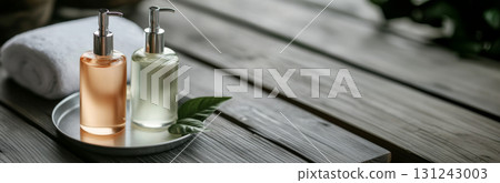 Spa concept background with bottles and towel on wooden tray 131243003