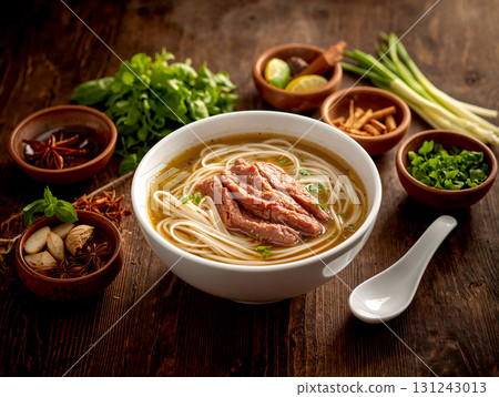 Authentic Vietnamese Pho Bo. A traditional beef noodle soup in a white bowl with fresh ingredients and spices like star anise on a rustic wooden table. Classic Asian cuisine. Authentic Vietnamese Pho Bo. A traditional beef noodle soup in a white bowl with fresh ingredients and spices like star anise on a rustic wooden table. Classic Asian cuisine. 131243013