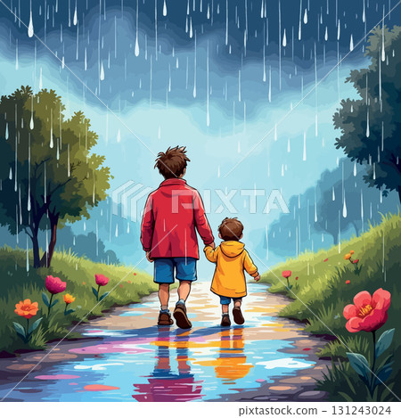 Vsai father and son walking in the rain holding hands 131243024