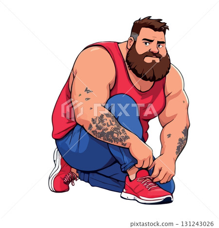Vsai bearded man tying running shoes before workout 131243026