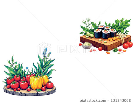 Vsai fresh vegetables and sushi rolls resting on wooden cutting boards 131243068