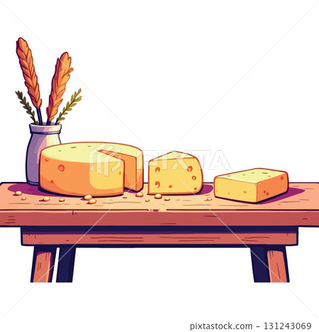 Vsai round of cheese and slices resting on wooden table with ears of wheat in vase Vsai round of cheese and slices resting on wooden table with ears of wheat in vase 131243069