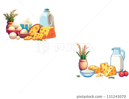 Vsai delicious dairy products composition with milk, cheese, yogurt, and decorative plants Vsai delicious dairy products composition with milk, cheese, yogurt, and decorative plants 131243070