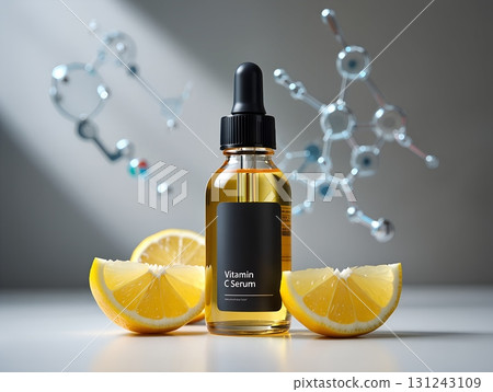 Face serum bottle with vitamin c, dropper application for skincare, beauty product on gray background 131243109