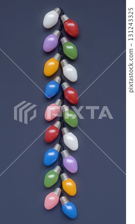 Colorful retro Christmas string lights arranged vertically on dark background, classic festive decoration used by American people during winter holidays Colorful retro Christmas string lights arranged vertically on dark background, classic festive decoration used by American people during winter holidays 131243325