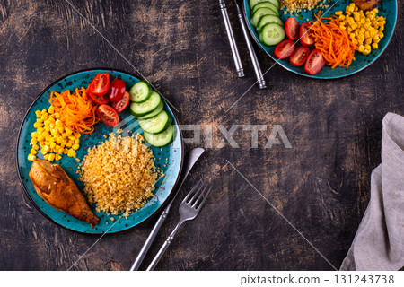 Healthybalanced food plate with chicken and vegetables 131243738
