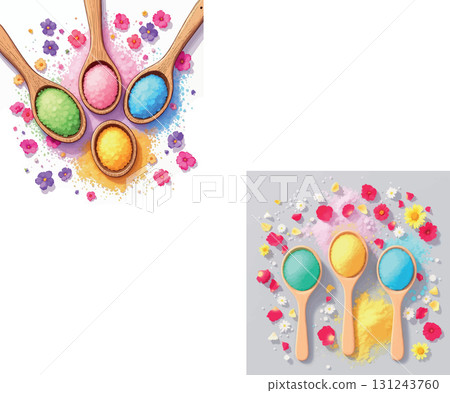 Vsai colorful holi powder in wooden spoons and flowers celebrating the festival of colors 131243760