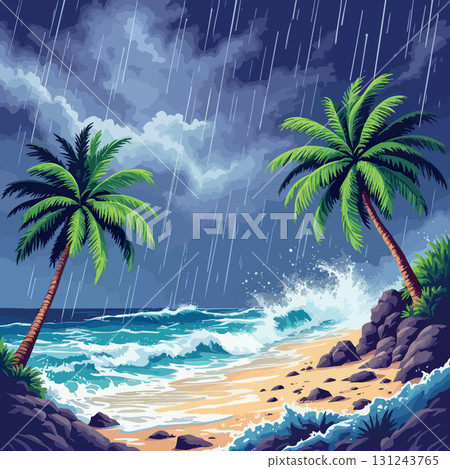Vsai heavy rain falling on tropical beach with palm trees and ocean waves Vsai heavy rain falling on tropical beach with palm trees and ocean waves 131243765