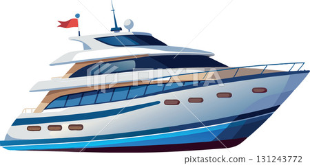 Modern yacht sailing on calm water with red flag flying high Modern yacht sailing on calm water with red flag flying high 131243772