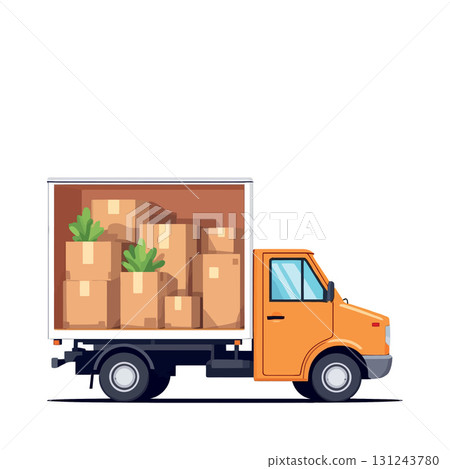 Vsai delivery truck carrying cardboard boxes and plants for relocation Vsai delivery truck carrying cardboard boxes and plants for relocation 131243780