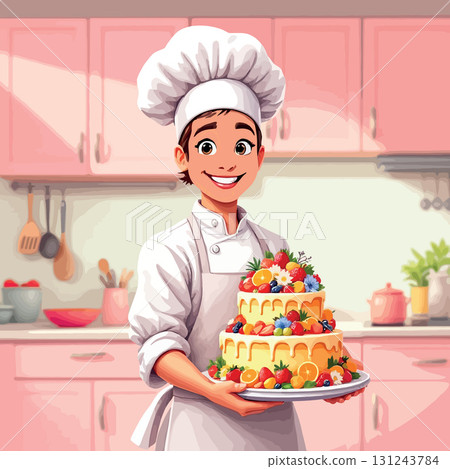 Vsai skilled pastry chef presenting a decorated cake Vsai skilled pastry chef presenting a decorated cake 131243784