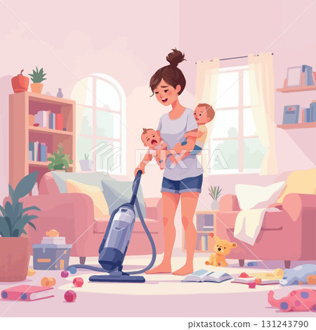 Vsai exhausted mother vacuuming while holding crying babies Vsai exhausted mother vacuuming while holding crying babies 131243790