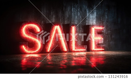 Bright neon red sign with text "SALE" on stone black background, promotion, marketing, message about big discounts and sales and Black Friday 131243916
