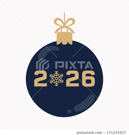 Christmas ornament vector, navy blue bauble with gold 2026 and snowflake, flat style stock vector 131243927