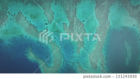 Aerial drone view of beautiful coral reef in shallow, turquoise water, creating a stunning seascape, perfect for showcasing the beauty of nature and marine ecosystems. Amazing nature travel background 131243930