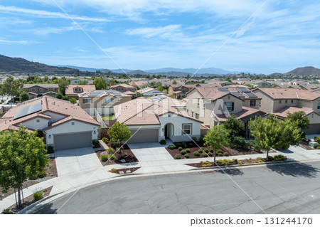 Aerial view of a sprawling neighborhood of family homes in Menifee, California, USA. 131244170