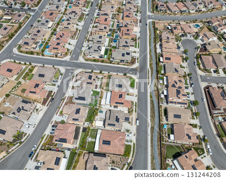 Aerial view of a sprawling neighborhood of family homes in Menifee, California, USA. 131244208