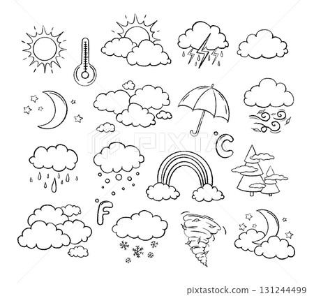 Line vector weather icon big set. Hand drawn by chalk. Outline doodle Illustration with temperature, sun, rain, snow, cloud, storm, for climate forecast. Meteorology 131244499