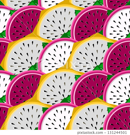 Colourful pitaya dragonfruit slices seamless tropical pattern vector illustration Colourful pitaya dragonfruit slices seamless tropical pattern vector illustration 131244501