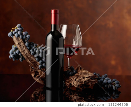 Red wine with a weathered snag and blue grapes on a brown background. 131244506
