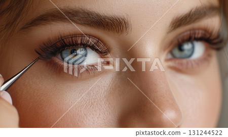 Cosmetologists perform Brow lamination and eyebrow styling Beautiful female eye with extreme long eyelashes and makeup. woman on correction and dyeing eyebrows . Cosmetologists perform Brow lamination and eyebrow styling Beautiful female eye with extreme long eyelashes and makeup. woman on correction and dyeing eyebrows . 131244522