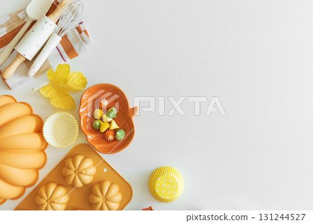 Autumn Baking Setup with Pumpkin Mold, Frosting and Seasonal Decorations Autumn Baking Setup with Pumpkin Mold, Frosting and Seasonal Decorations 131244527
