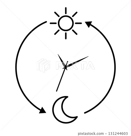 Clock with sun and moon cycle icon, day and night time concept, circular arrows showing daily routine, schedule and time management symbol. Editable stroke. Illustration for design and infographic Clock with sun and moon cycle icon, day and night time concept, circular arrows showing daily routine, schedule and time management symbol. Editable stroke. Illustration for design and infographic 131244603