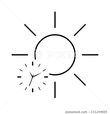 Sun with clock symbol representing circadian health and day cycle. Minimal line art illustration concept of wakefulness, biological rhythm, energy and wellness design for science, lifestyle projects Sun with clock symbol representing circadian health and day cycle. Minimal line art illustration concept of wakefulness, biological rhythm, energy and wellness design for science, lifestyle projects 131244605