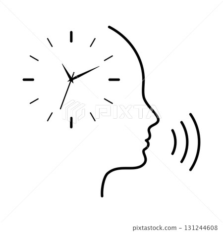 Human head with clock and sound waves representing psychology, circadian rhythm, cognitive process, mental health, inner voice, communication, awareness and brain function. Editable stroke 131244608