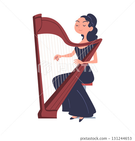 Woman Musician Character Play Harp Musical Instrument Sitting on Stage Vector Illustration 131244653