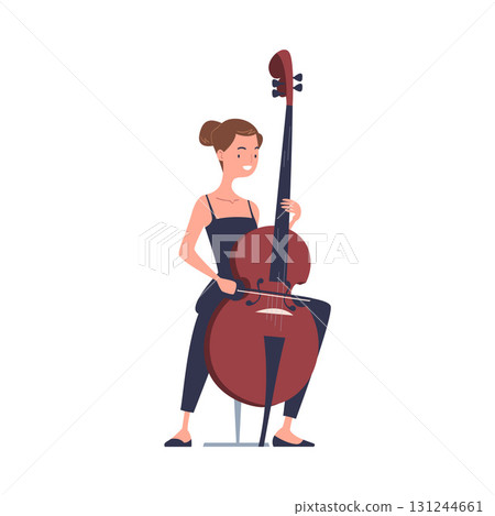 Woman Musician Character Play Cello Musical Instrument Sitting on Stage Vector Illustration 131244661
