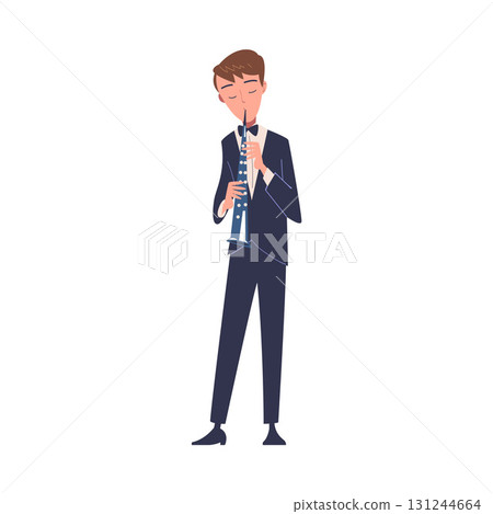 Man Musician Character Play Flute Musical Instrument Standing on Stage Vector Illustration Man Musician Character Play Flute Musical Instrument Standing on Stage Vector Illustration 131244664